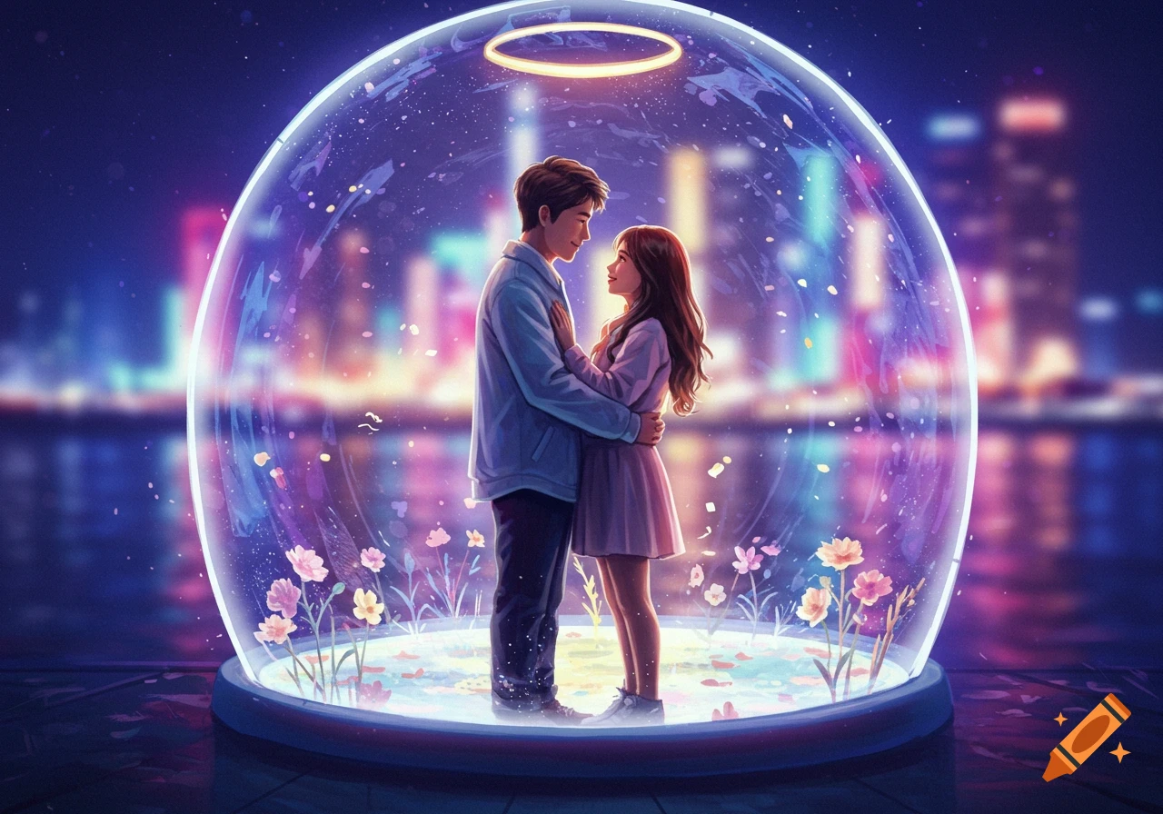 Illustrated romantic scene of a man and woman embracing inside a glowing glass dome with flowers, against a city lights backdrop.