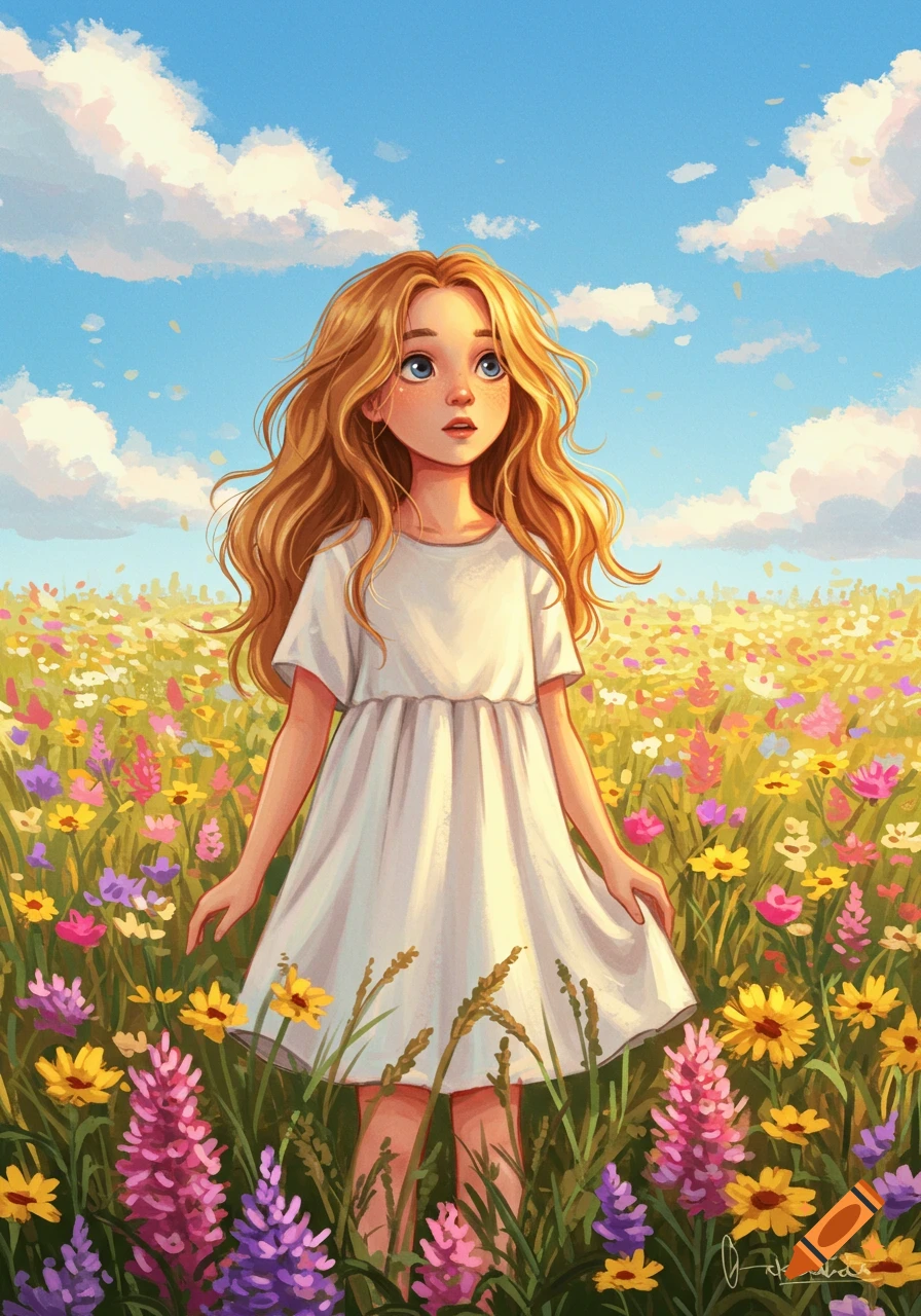 A young girl with long blonde hair and a white dress stands in a vibrant field of colorful wildflowers under a blue sky. Illustrated.