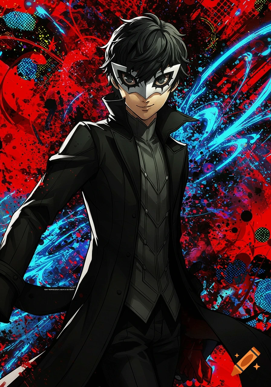 Joker from Persona 5 in a black coat and white mask, set against a dynamic red and blue abstract background.