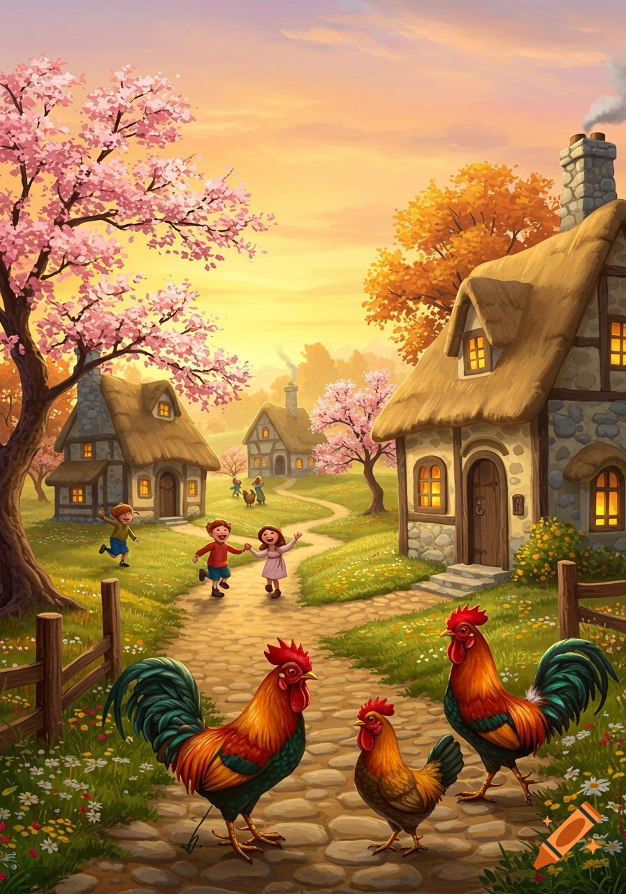 A colorful illustration of a picturesque village with thatched-roof houses, cherry blossom trees, children playing, and roosters on a cobblestone path at sunset.