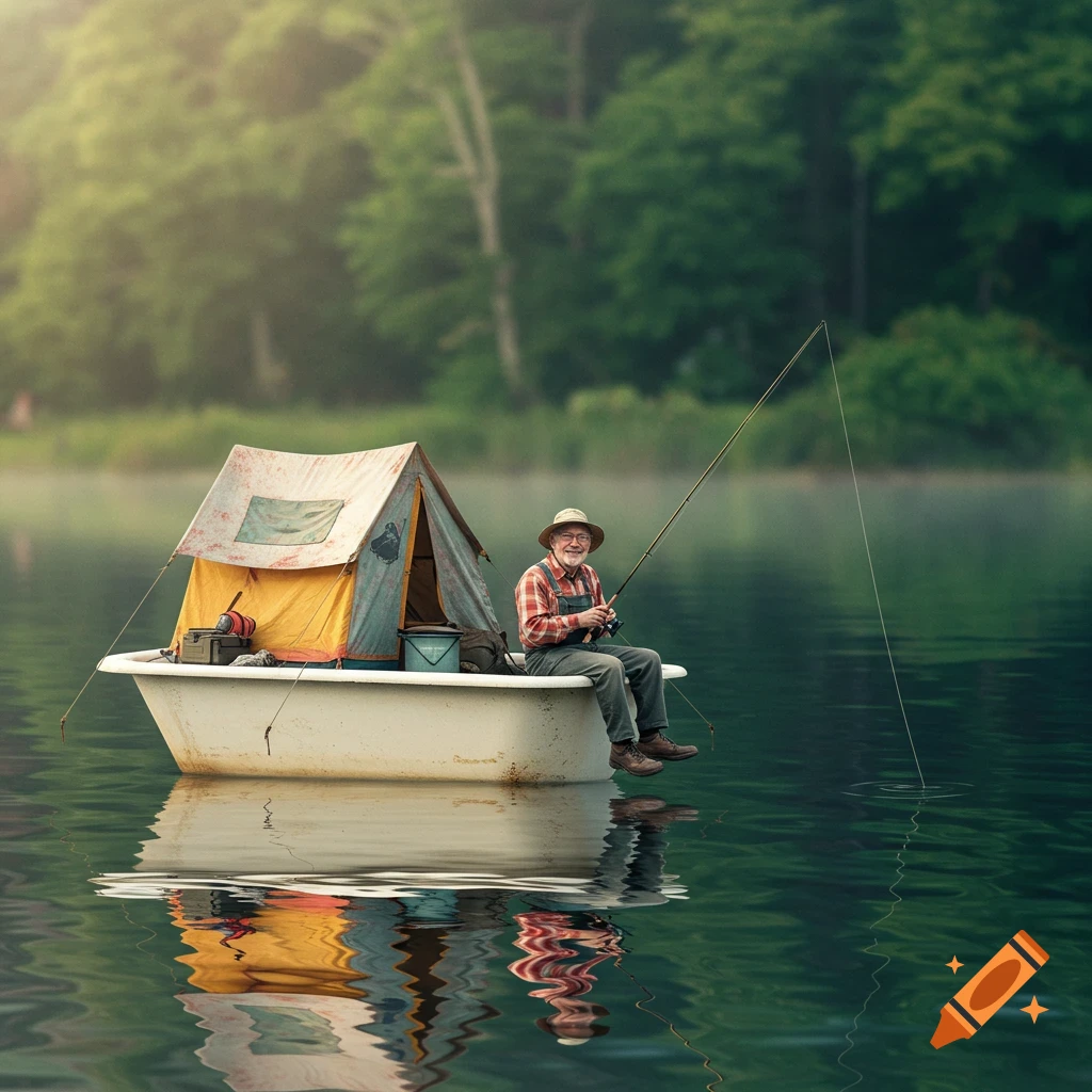 An old man fishes from a bathtub with a tent in a tranquil lake surrounded by green trees.
