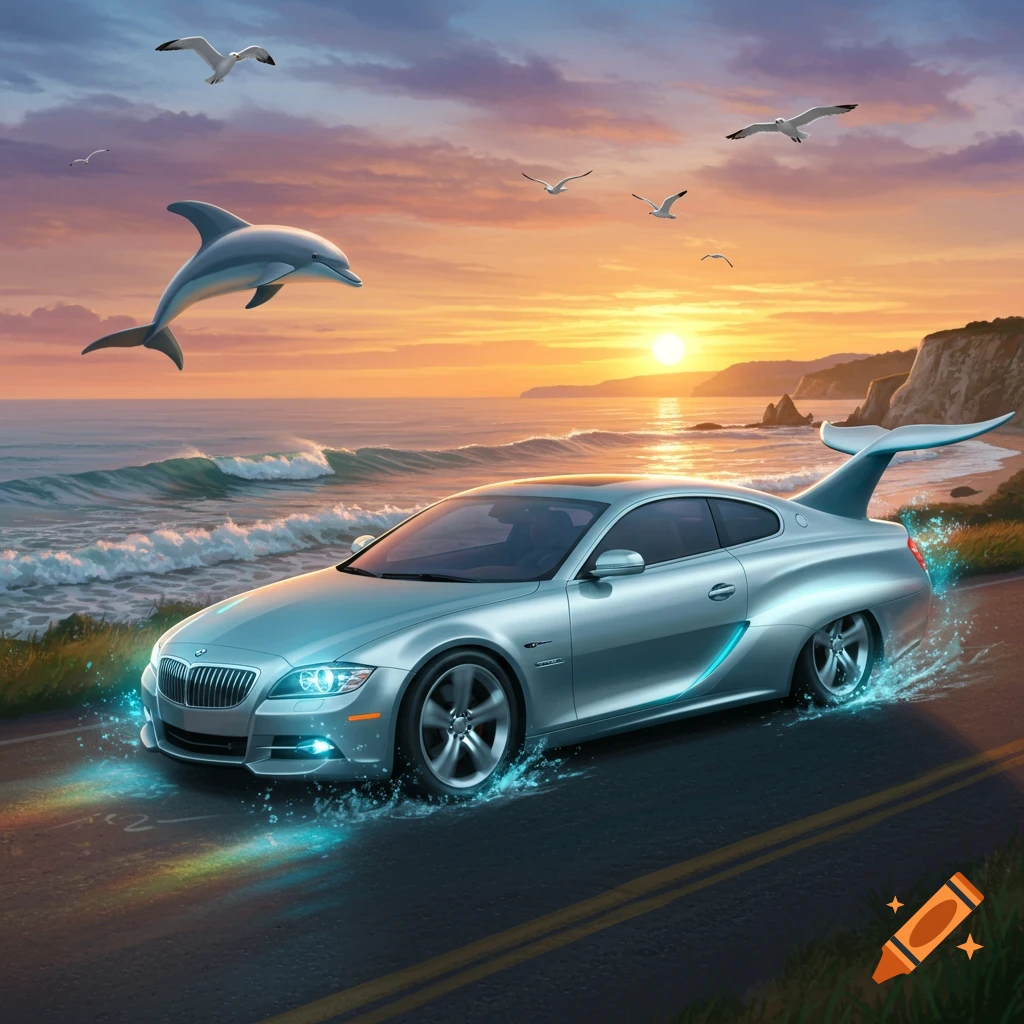 A silver car with a dolphin tail and blue glow drives on a road by the ocean at sunset, with a dolphin flying above and seagulls in the sky.