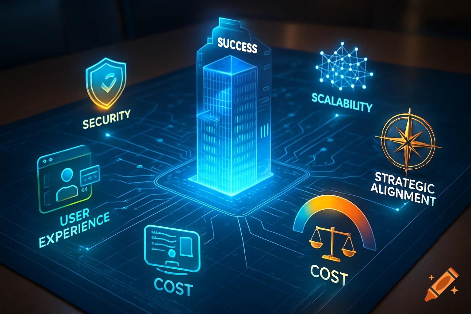 A holographic diagram showing a glowing building labeled SUCCESS, surrounded by icons for security, user experience, cost, scalability, and strategic alignment.
