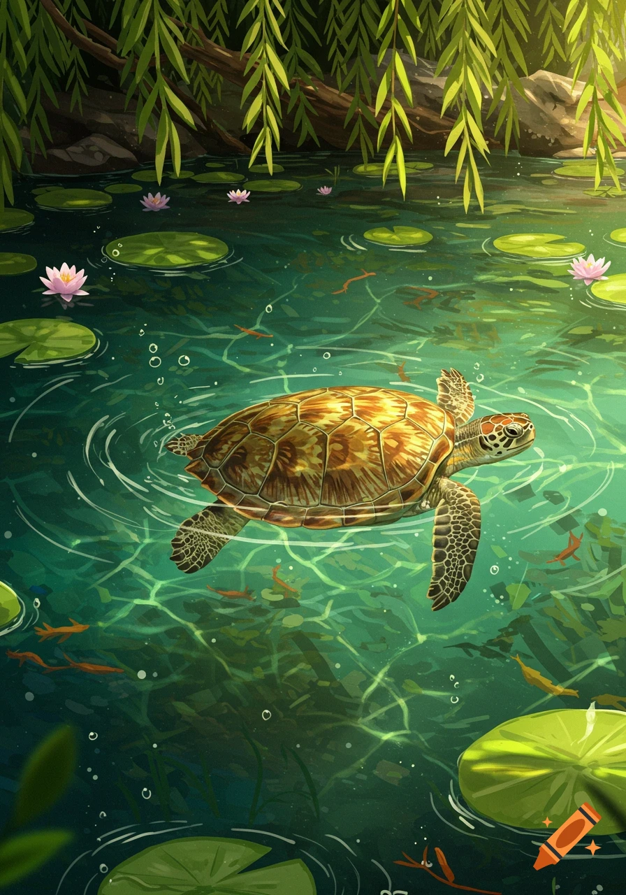 An illustrated turtle swims in a bright green pond with lily pads and willow branches overhead.