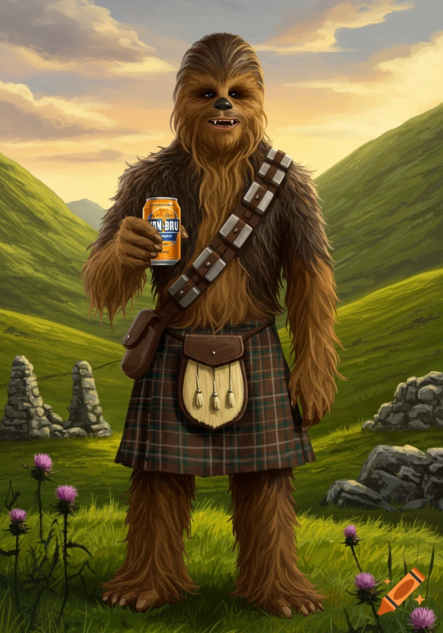 Chewbacca wearing a kilt and bandolier, holding an orange can of Irn-Bru, stands in a grassy Scottish landscape with purple thistles under a cloudy sky.