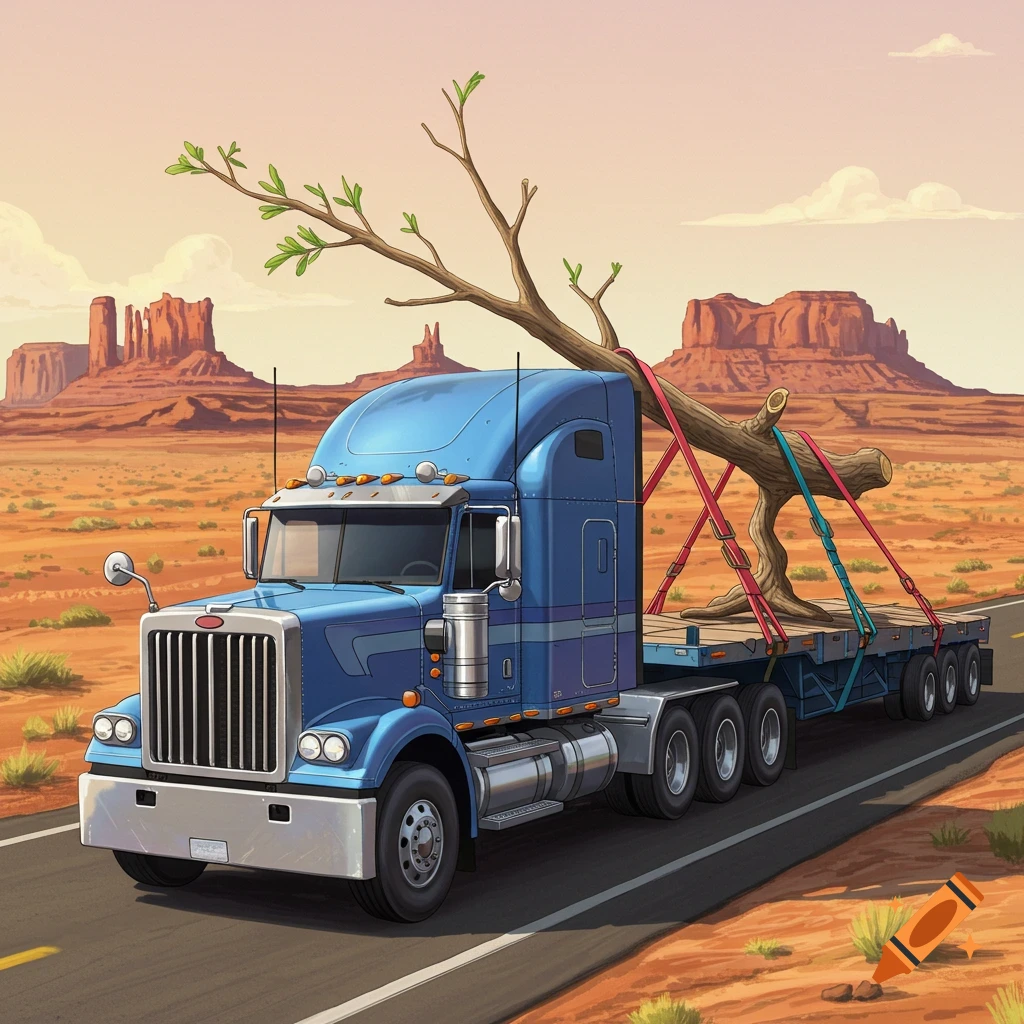 A blue 18-wheeler truck with a small tree branch on its flatbed drives through a desert landscape with mesas, in an illustration style.