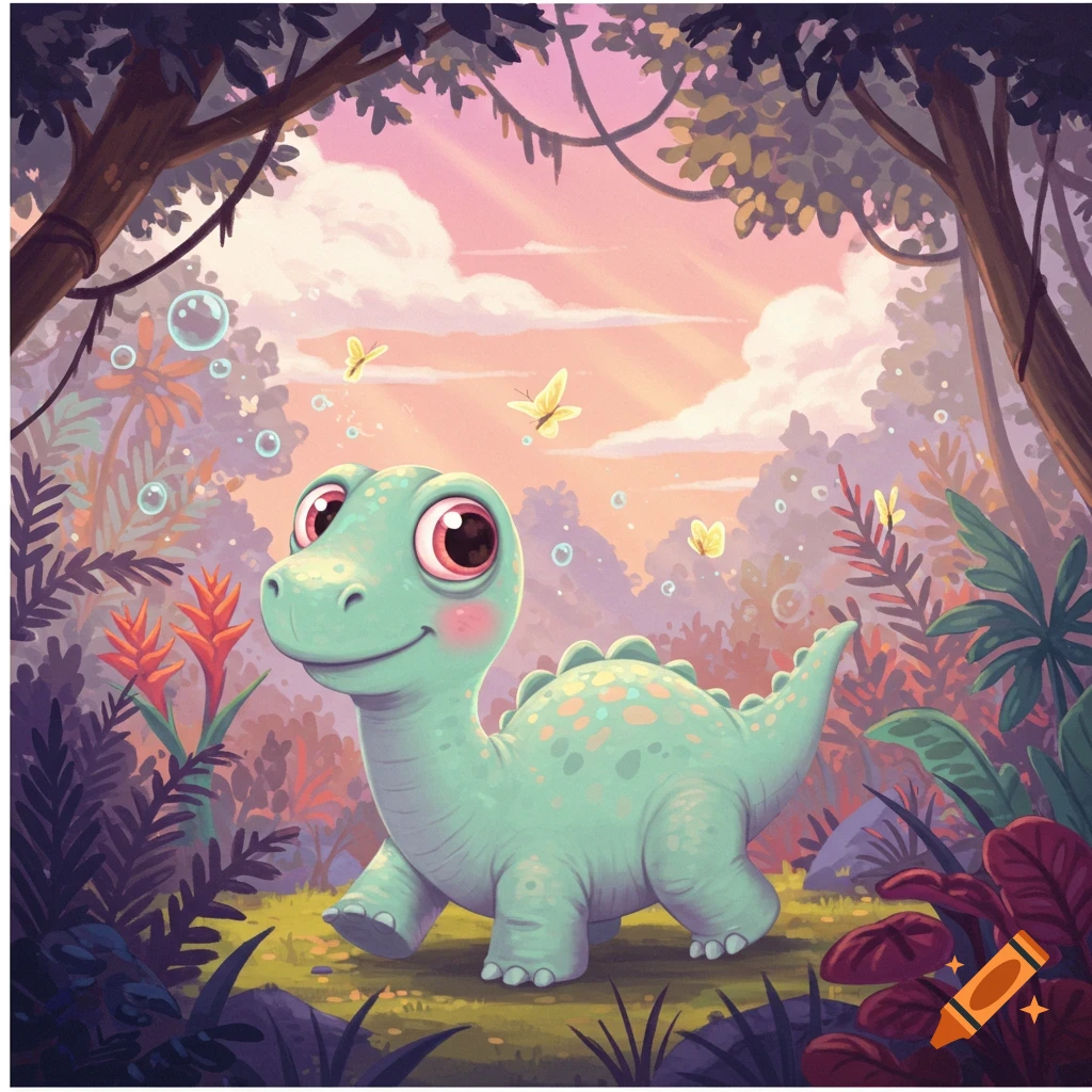 A cute teal cartoon dinosaur with big pink eyes walks through a vibrant, lush fantasy forest with butterflies and bubbles under a colorful sky.