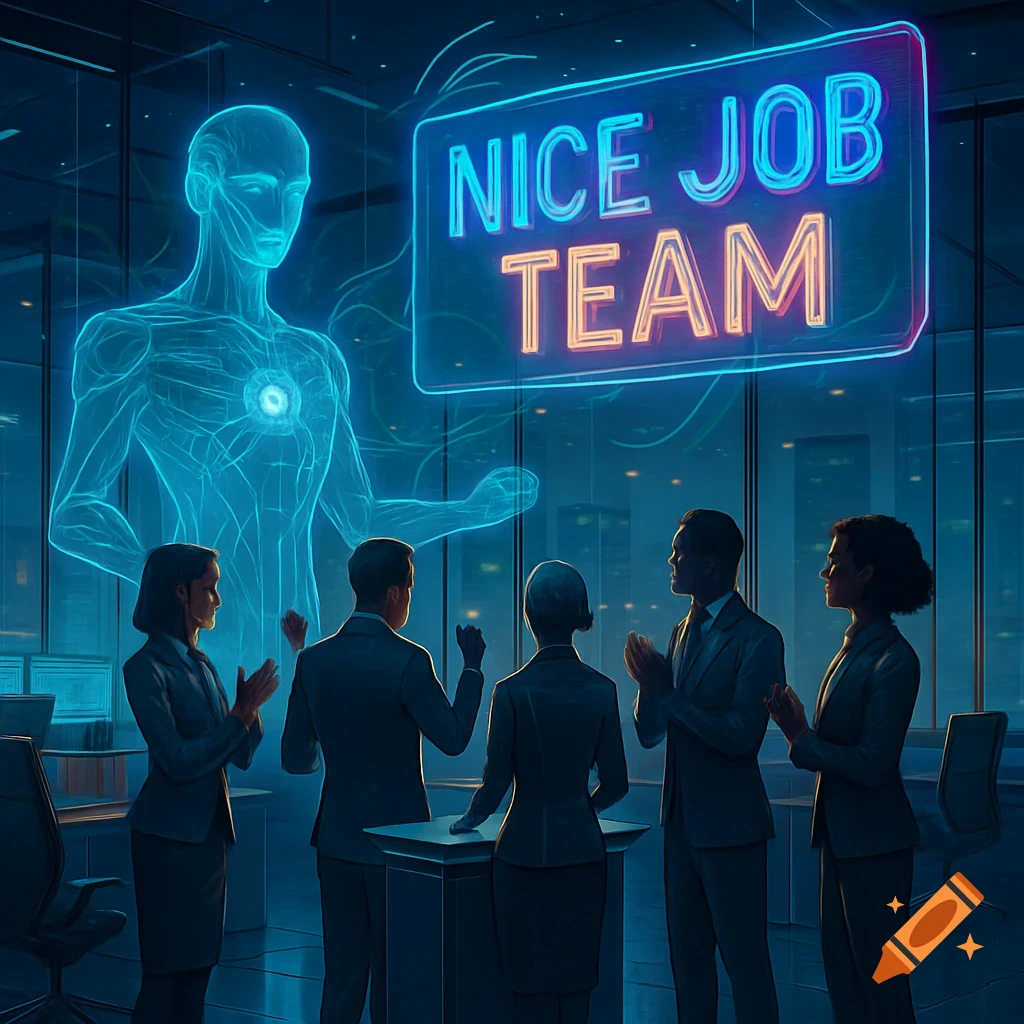 A group of business people applaud a glowing blue holographic AI figure and a large neon sign saying "NICE JOB TEAM" in a futuristic office.