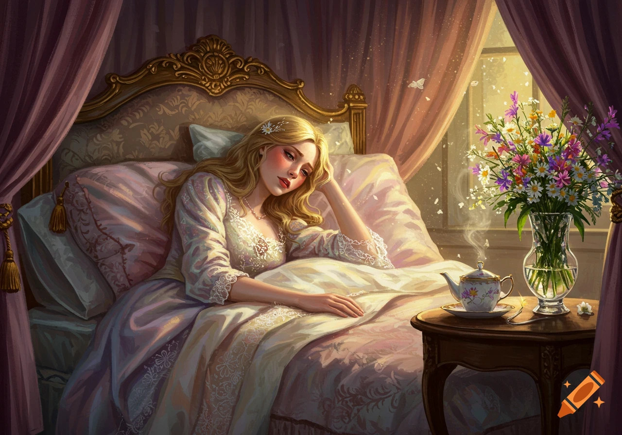 A melancholic blonde fairytale princess lies in a luxurious canopy bed with a steaming teapot and wildflowers nearby.