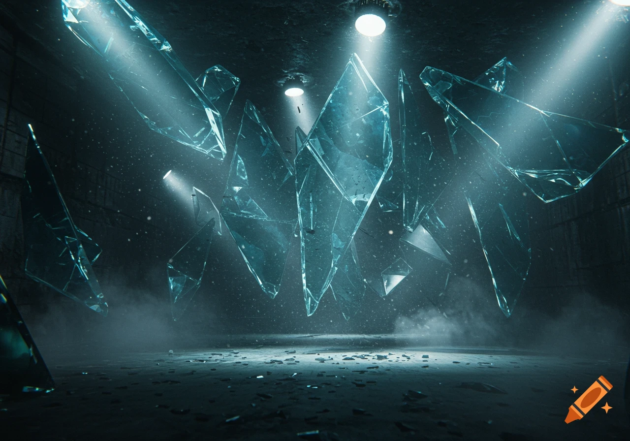Large, sharp, broken glass shards float dramatically in a dimly lit, smoky, dark room with light rays streaming down from the ceiling.