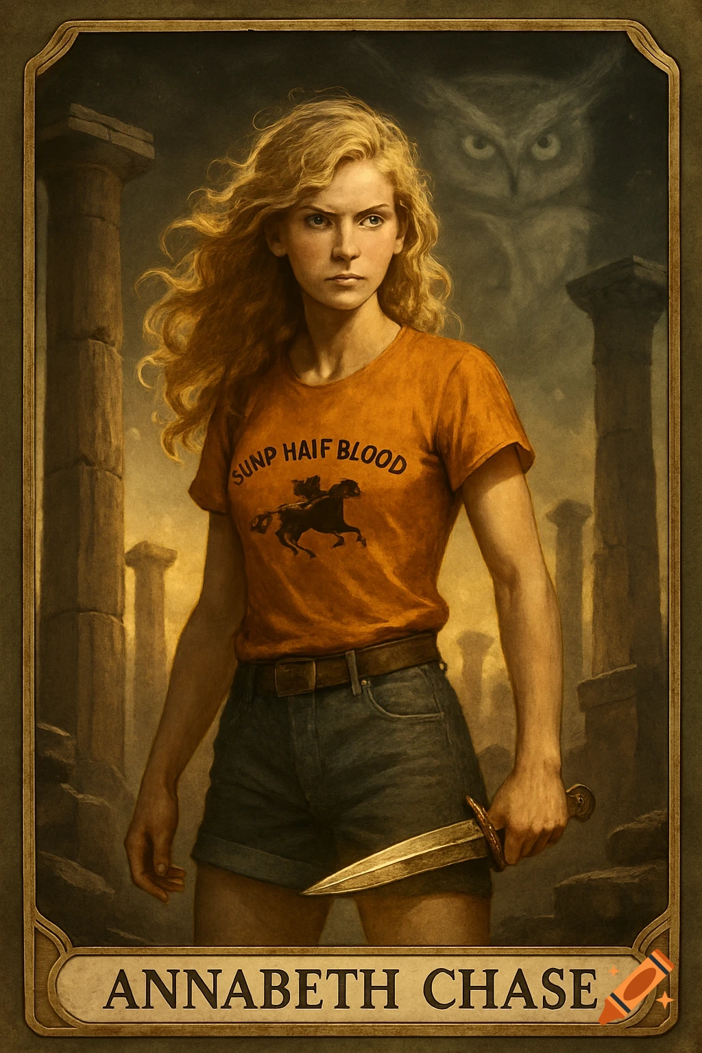 A stylized portrait of a teenage girl with blonde curly hair and gray eyes, wearing an orange t-shirt and jean shorts, holding a dagger. An owl symbol is behind her, and ancient ruins are in the background. Her name, Annabeth Chase, is at the bottom.