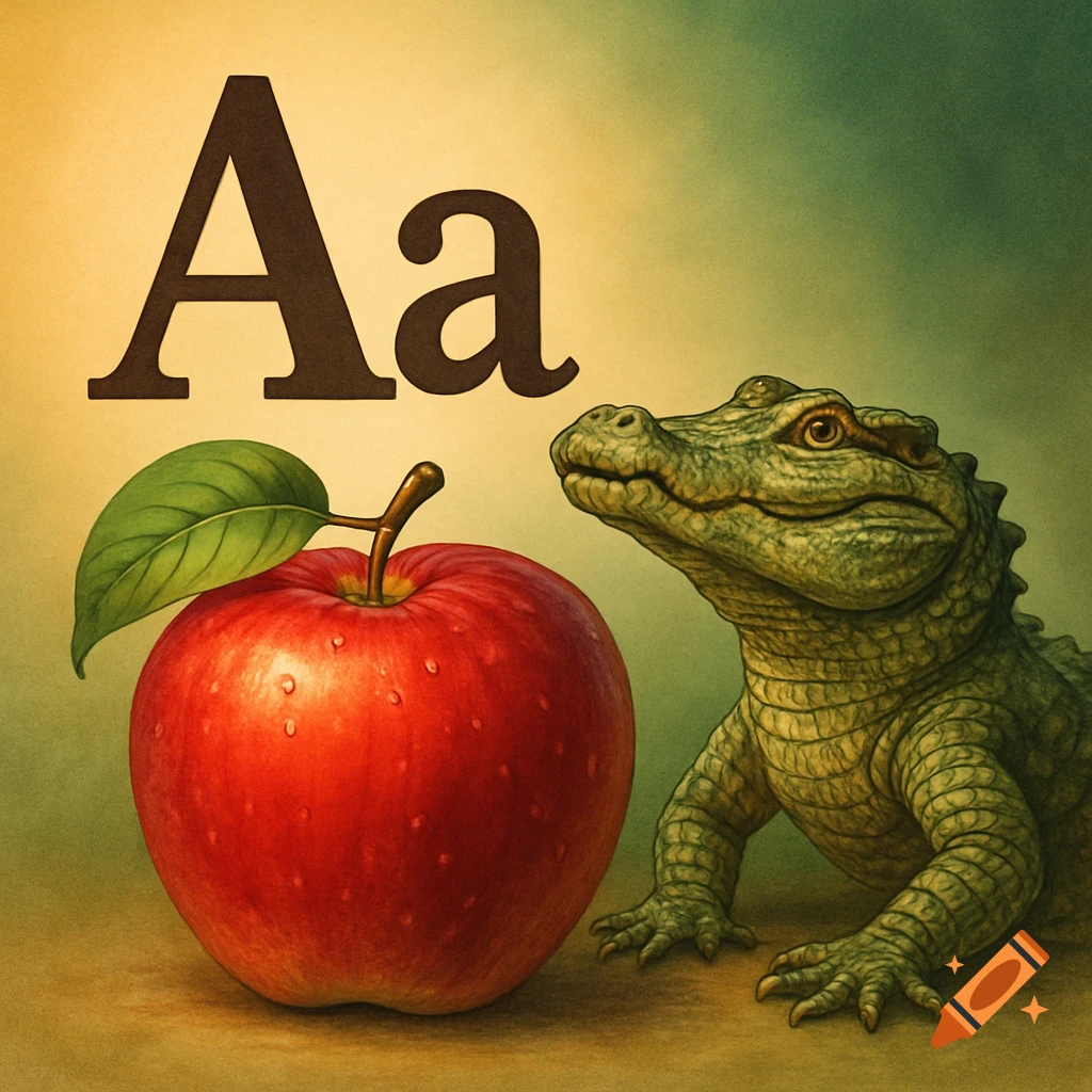 A large 'Aa' letter next to a red apple and a green alligator, set against a warm, illustrative background.
