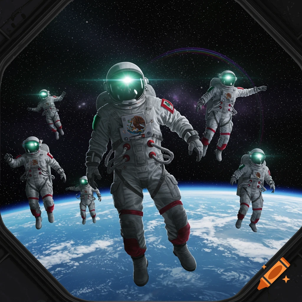 Multiple astronauts with Mexican flag insignias float in space above Earth, seen from a spaceship window. The central astronaut faces forward.