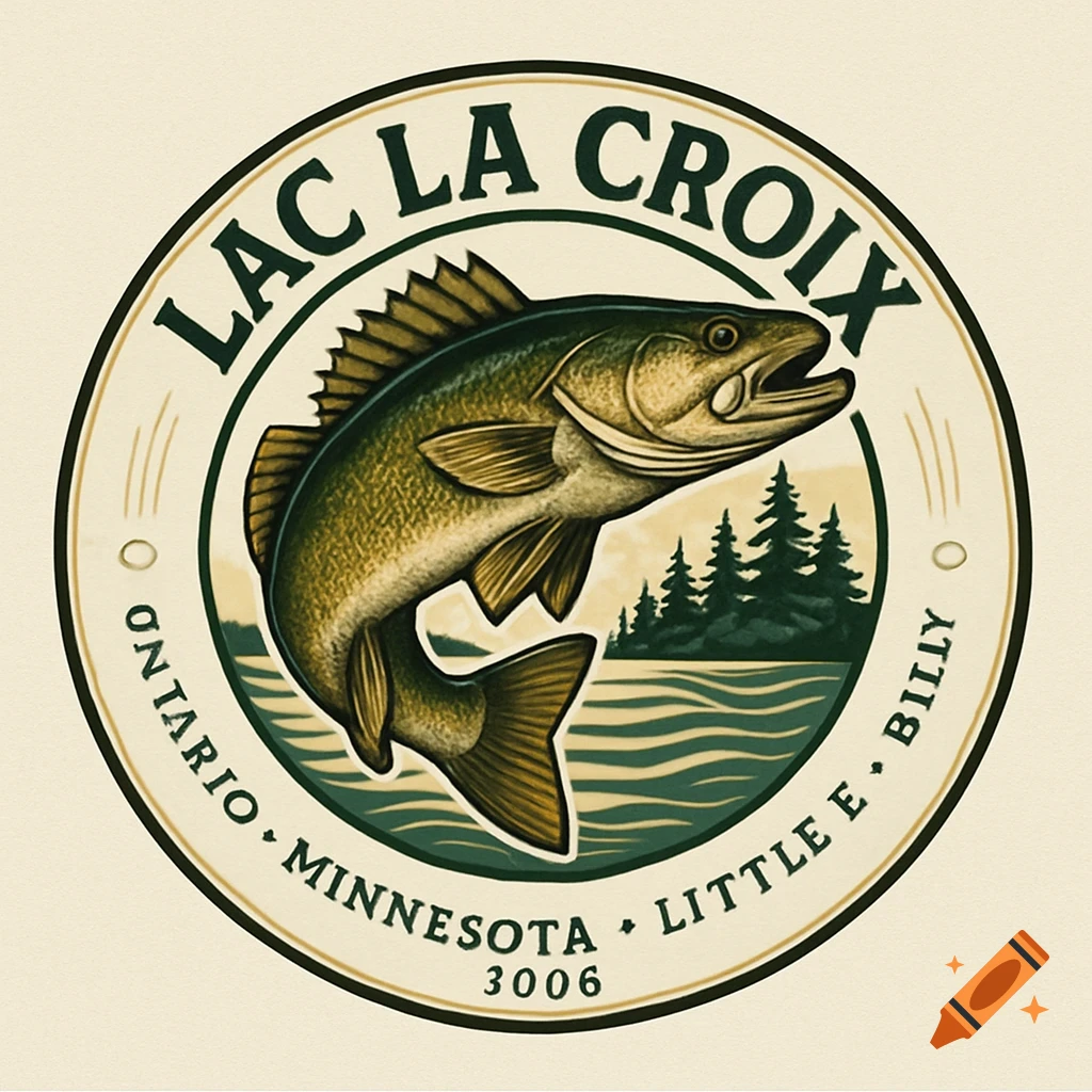 A circular logo with a green walleye fish jumping over blue water and green pine trees, surrounded by text including "LAC LA CROIX" and location names.
