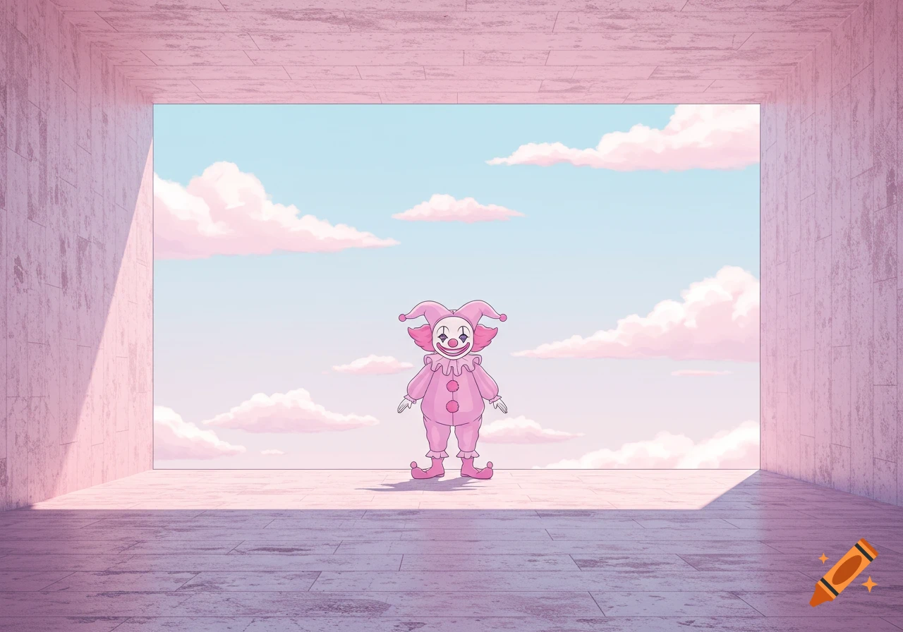 A pink clown stands in a concrete room looking out at a pastel blue sky with pink clouds, rendered in a lineart style.