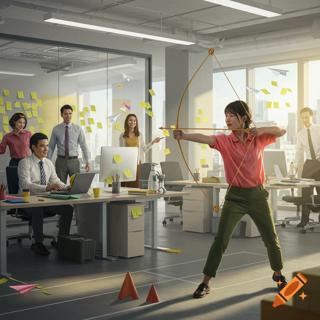A woman aims a bow and arrow in a modern office, participating in an 'office olympics' event, with colleagues watching.