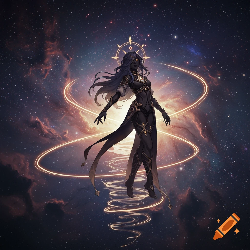 A dark-skinned anime fantasy character in a black and gold outfit floats in a cosmic nebula with golden rings and stars.