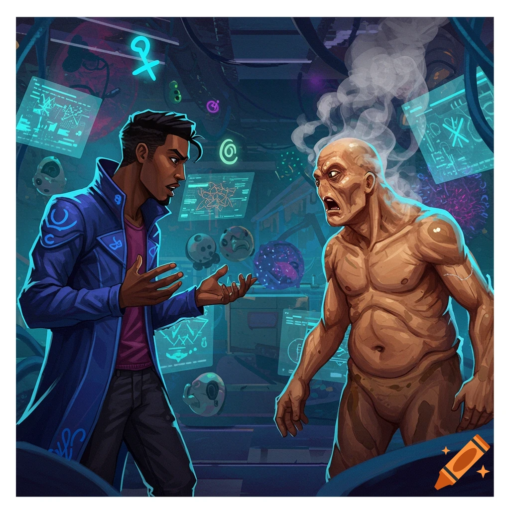 A dark-skinned man in a blue coat debates a pale, emaciated man with steam rising from his head, surrounded by glowing screens and mystical artifacts in a sci-fi lab.