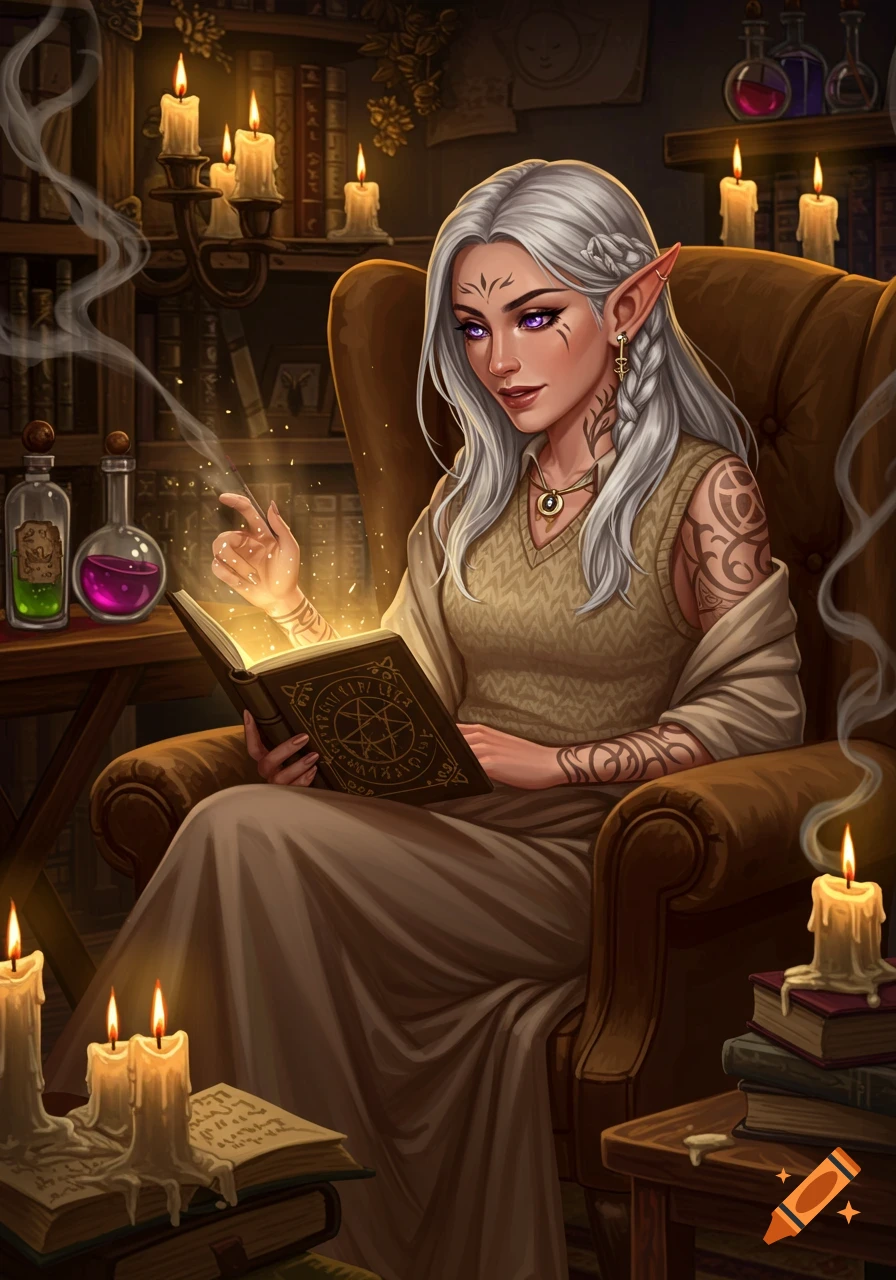 An elf woman with white hair and tattoos sits in an armchair, reading a glowing magic book in a dimly lit library filled with candles and potions. Art style.
