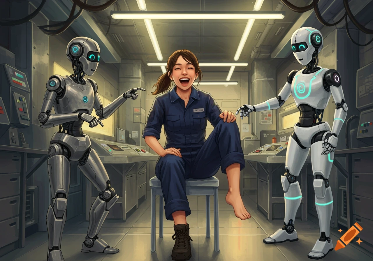 A laughing female factory worker sits on a stool between two friendly robots in a futuristic factory.