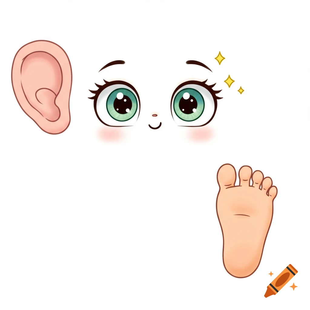 Cartoon illustrations of an ear, a pair of eyes, and a foot, isolated on a white background.