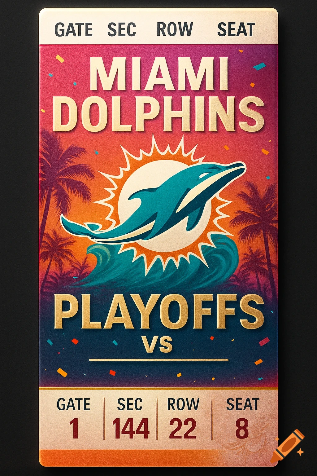 A vibrant Miami Dolphins playoff game ticket featuring the team's dolphin logo, palm trees, and ticket details like gate, section, row, and seat.