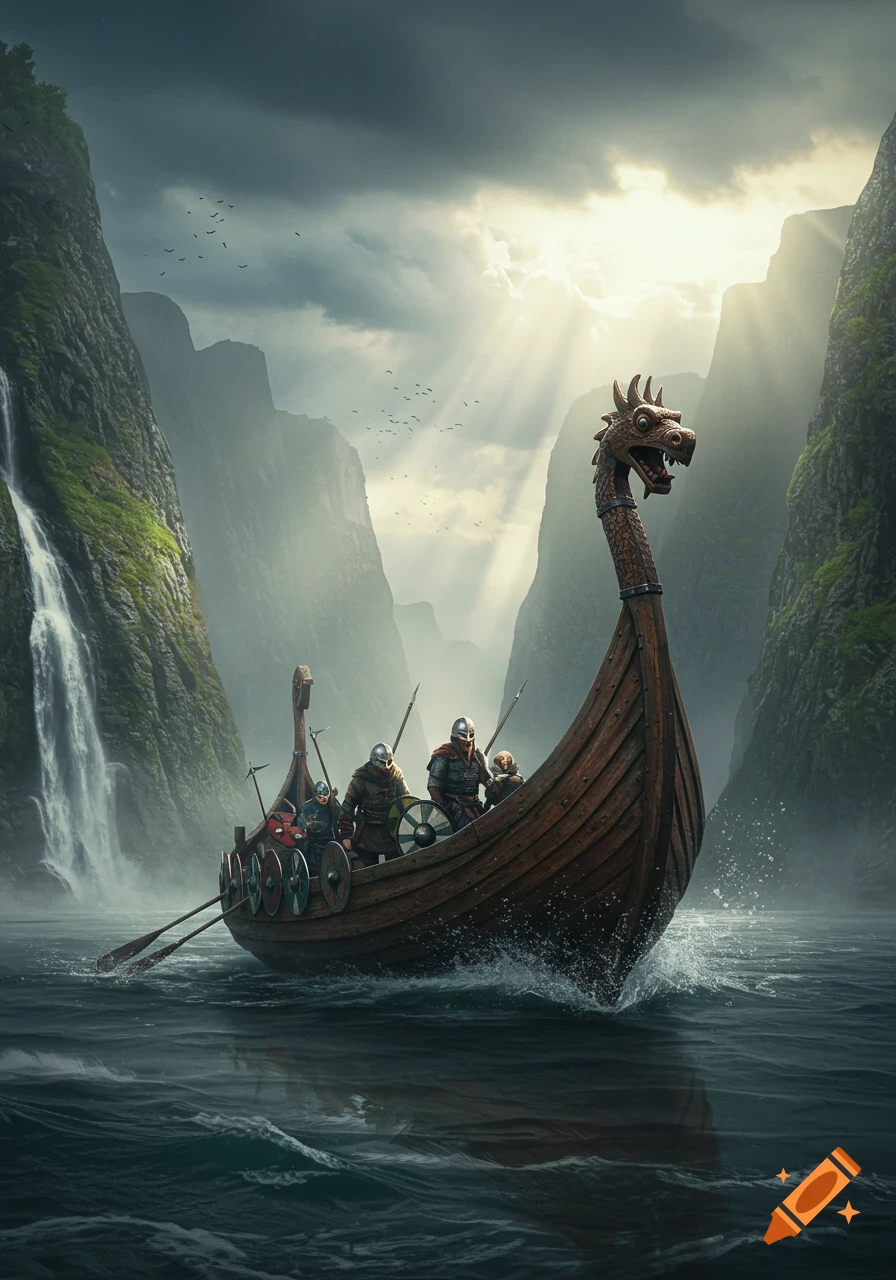 A Viking longship with warriors sailing through a narrow fjord with waterfalls under a dramatic, sunlit sky.