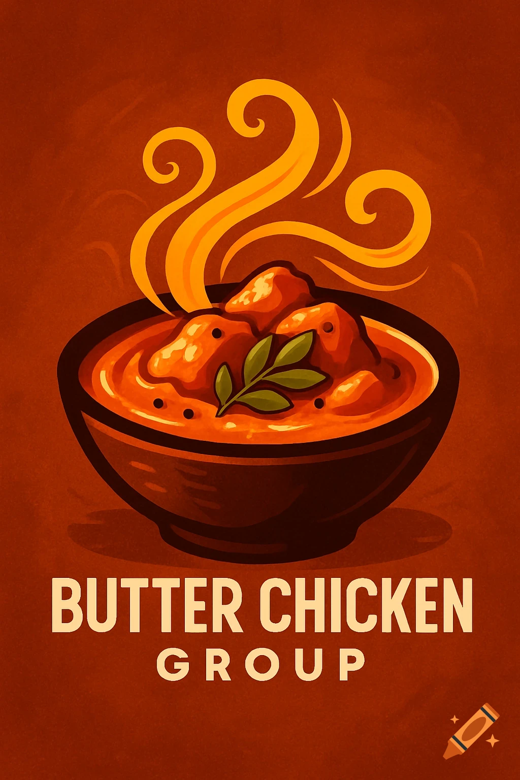 Stylized illustration of a bowl of butter chicken with steam and green leaves, on an orange background, with 'BUTTER CHICKEN GROUP' text.