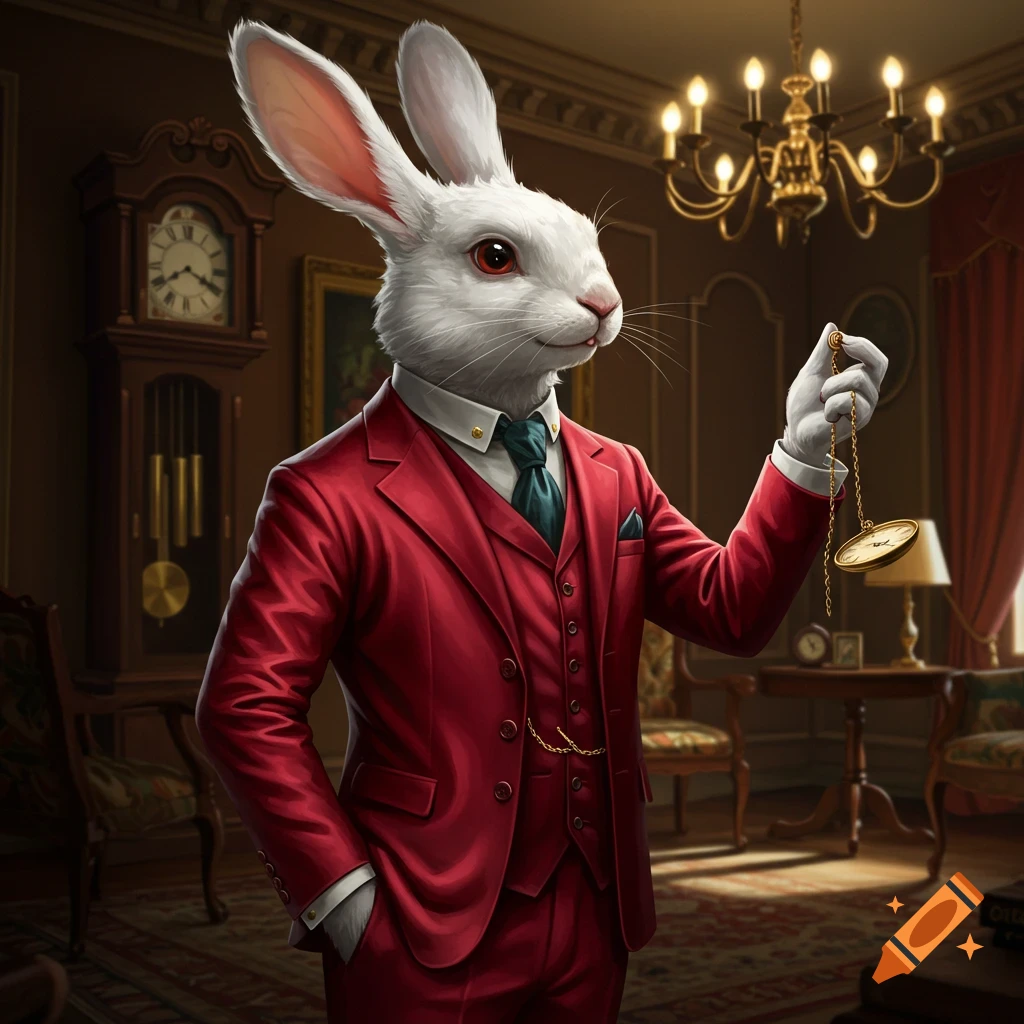 A photorealistic anthropomorphic white rabbit in a red three-piece suit stands in a fancy room, holding a golden pocket watch.