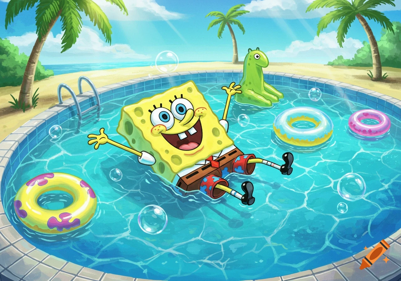SpongeBob SquarePants floats on his back in a blue swimming pool, smiling with inner tubes nearby. Palm trees, a beach, and the ocean are in the background under a sunny sky.