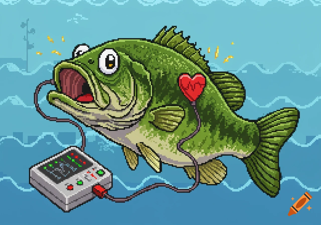 Cartoon pixel art of a largemouth bass with a heart monitor and defibrillator attached, in a blue watery background.