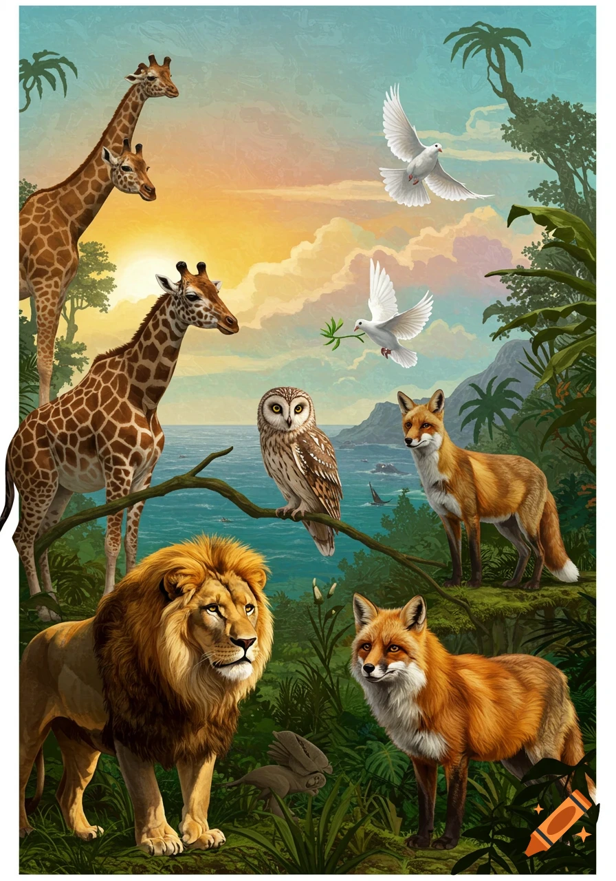 An illustrated scene with giraffes, a lion, an owl, foxes, and doves in a vibrant jungle setting with ocean and sunset.