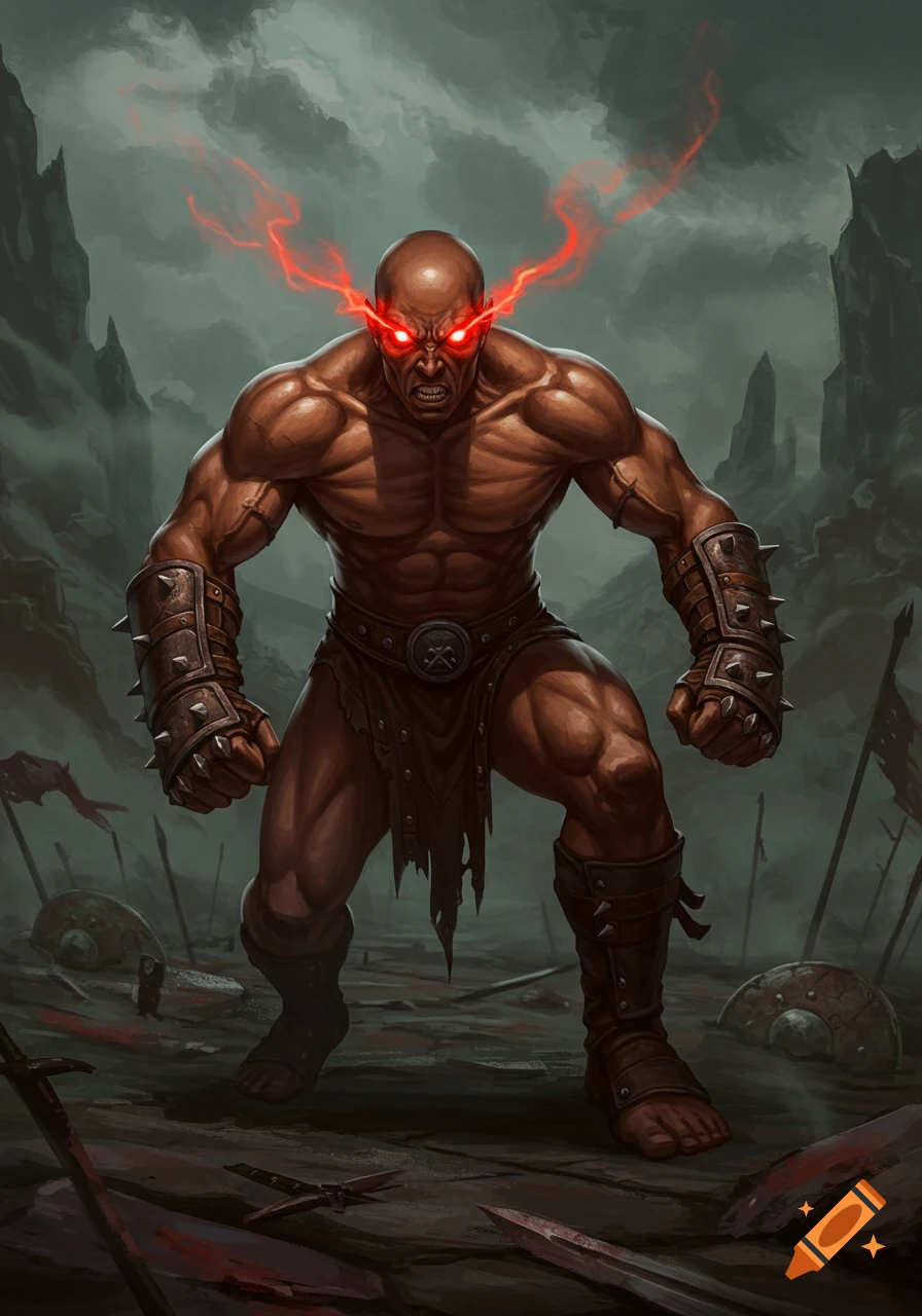 A muscular, bald warrior with glowing red eyes snarls on a desolate, blood-stained battlefield, wearing worn armor.