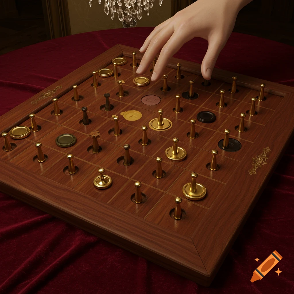 A close-up, photorealistic view of a hand reaching for a piece on a wooden peg board game with golden and dark pieces, set on a red velvet table.