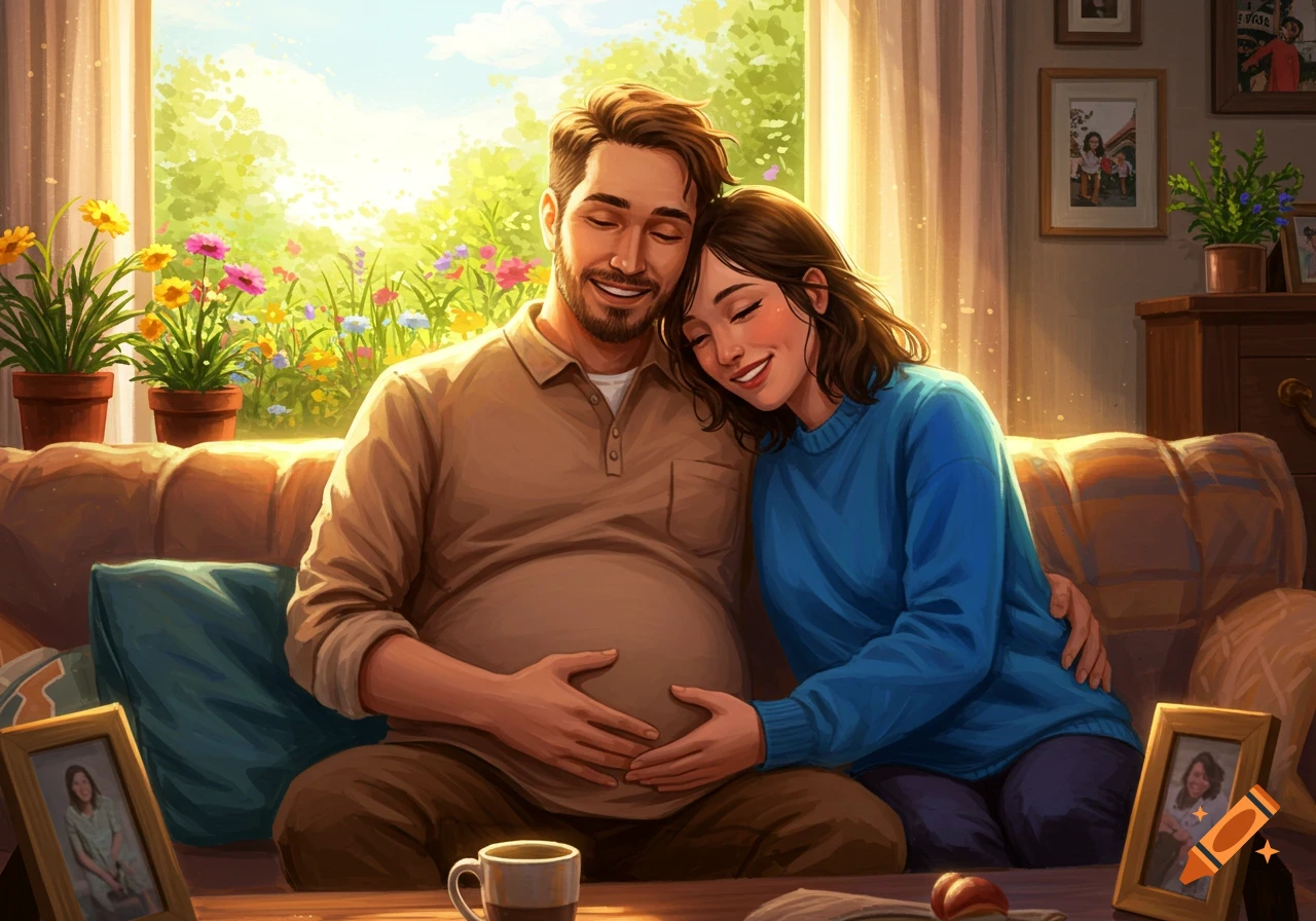 A smiling pregnant man and a woman embrace on a sunlit couch in a cozy home, illustrated.