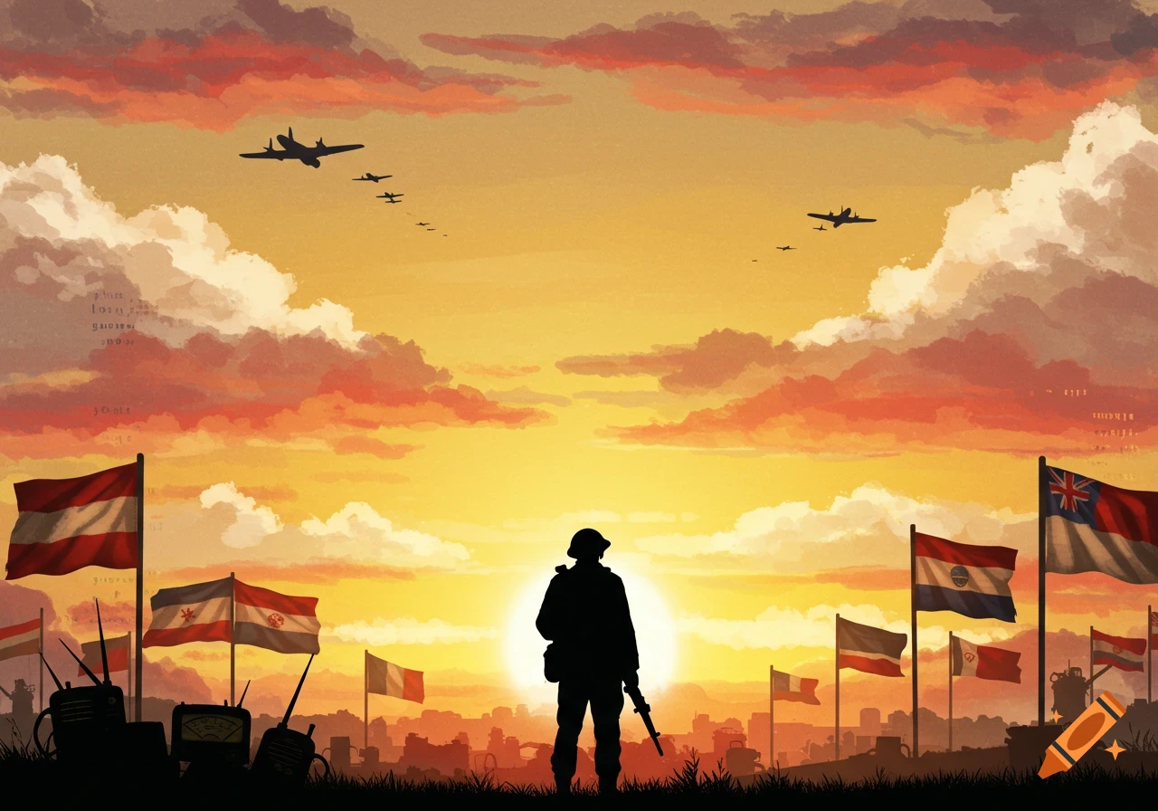 A silhouetted soldier stands holding a rifle at sunset, with military planes flying overhead and national flags waving.