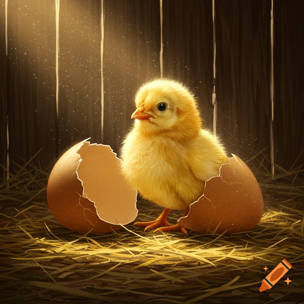A cute yellow baby chick sits among straw, emerging from a cracked eggshell inside a sunlit barn.