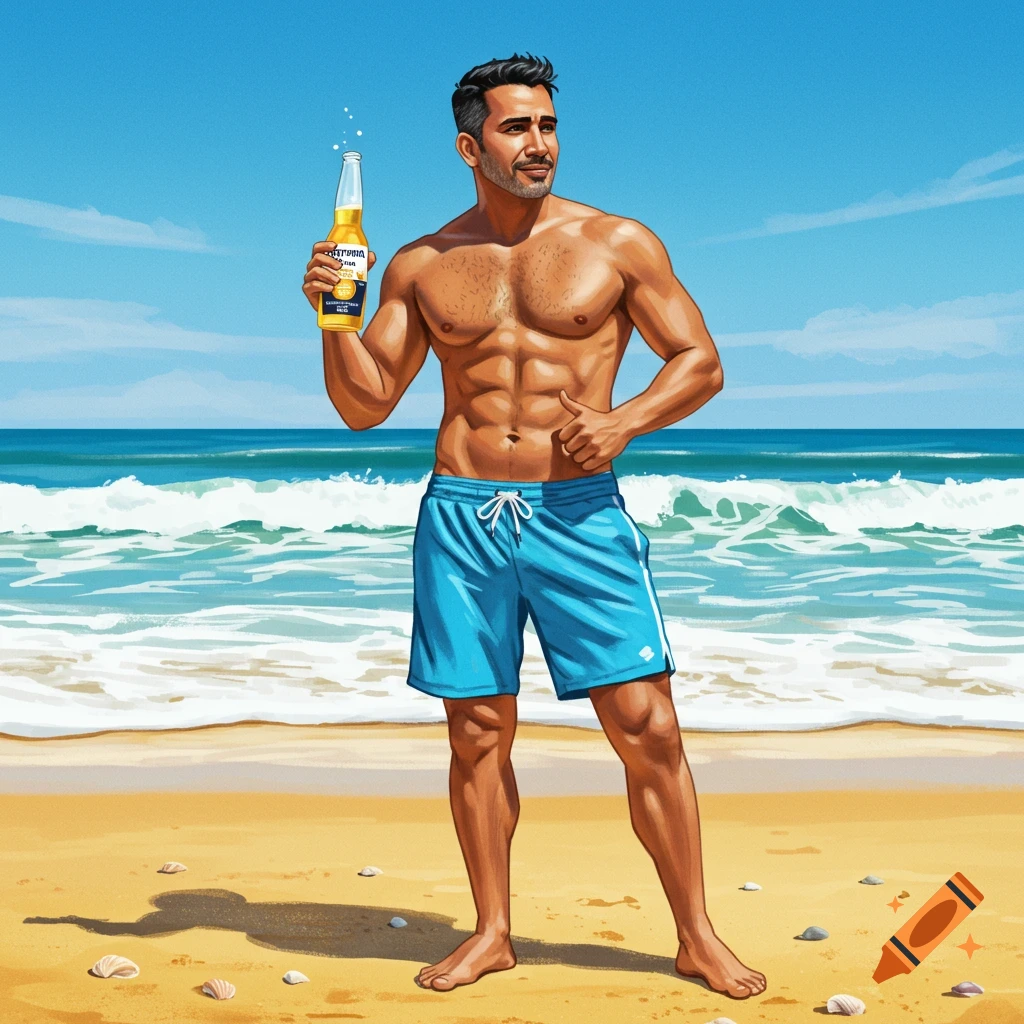A well-built man in blue swim trunks holds a Corona beer and gives a thumbs-up on a sunny beach.