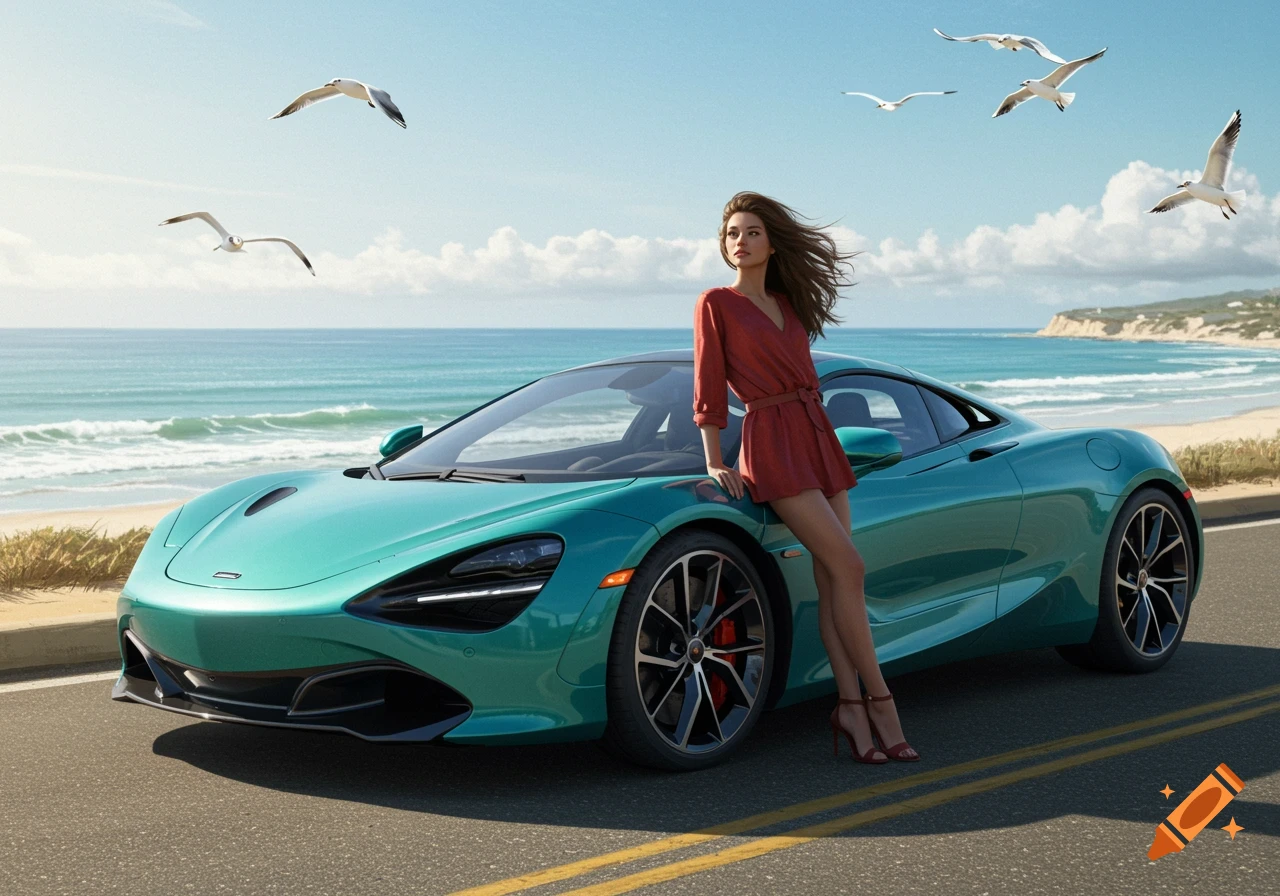 Photorealistic image of a woman in a red dress leaning on a teal McLaren sports car at the beach with seagulls flying overhead.
