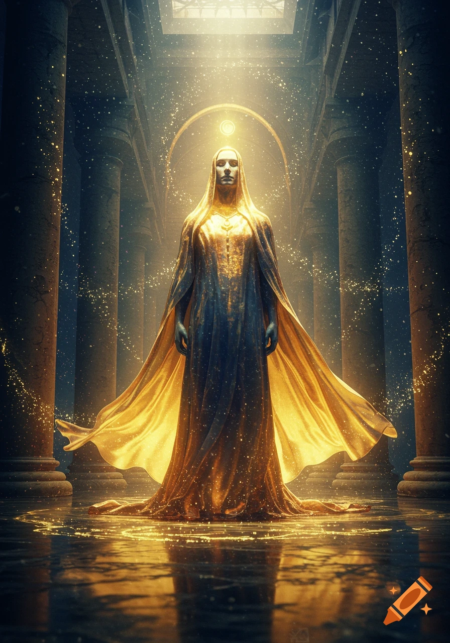 A robed figure with a golden aura stands in a grand, ancient hall filled with glowing particles and light, reflecting on the floor.
