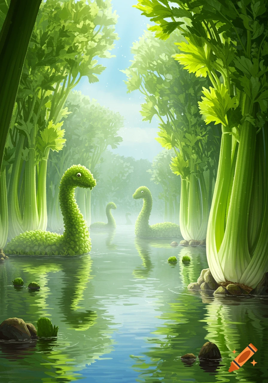 An enchanting scene with green, celery-like Loch Ness monsters swimming in a tranquil river surrounded by giant celery stalks.