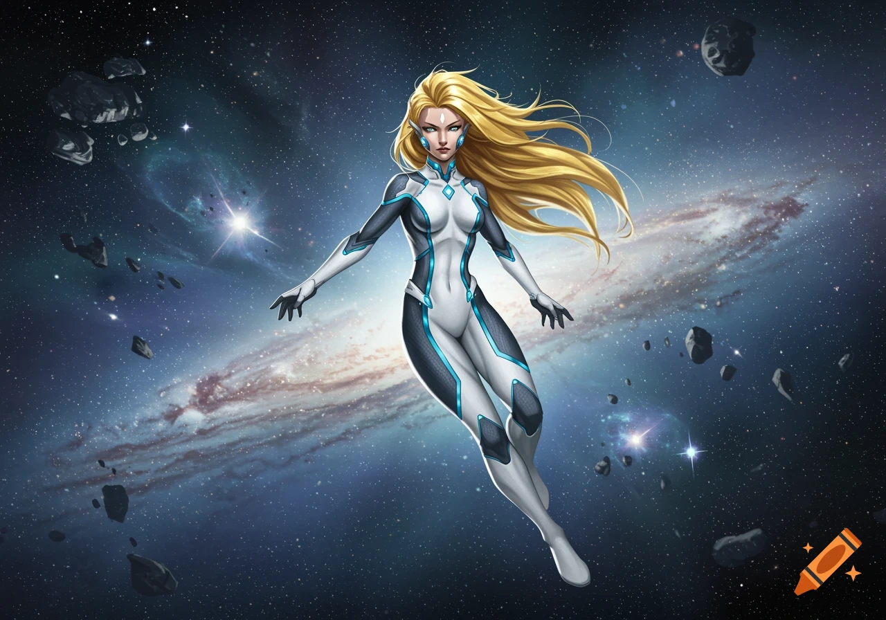 A female superhero with long blonde hair in a white and blue suit flies through a starry galaxy with asteroids.