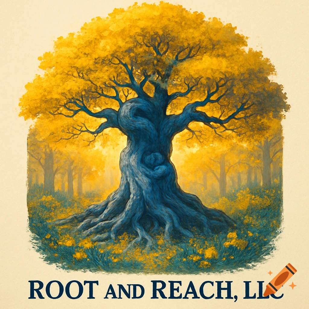 A vibrant illustration of a large tree with golden leaves and a blue trunk, surrounded by a forest and yellow flowers. The text 'ROOT AND REACH, LLC' is below.