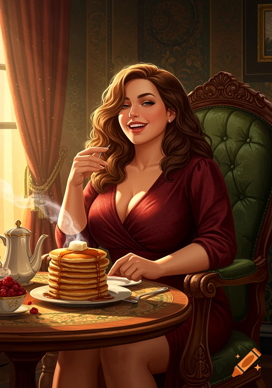 A smiling woman with long brown hair in a red dress sits at a table with a large stack of pancakes.