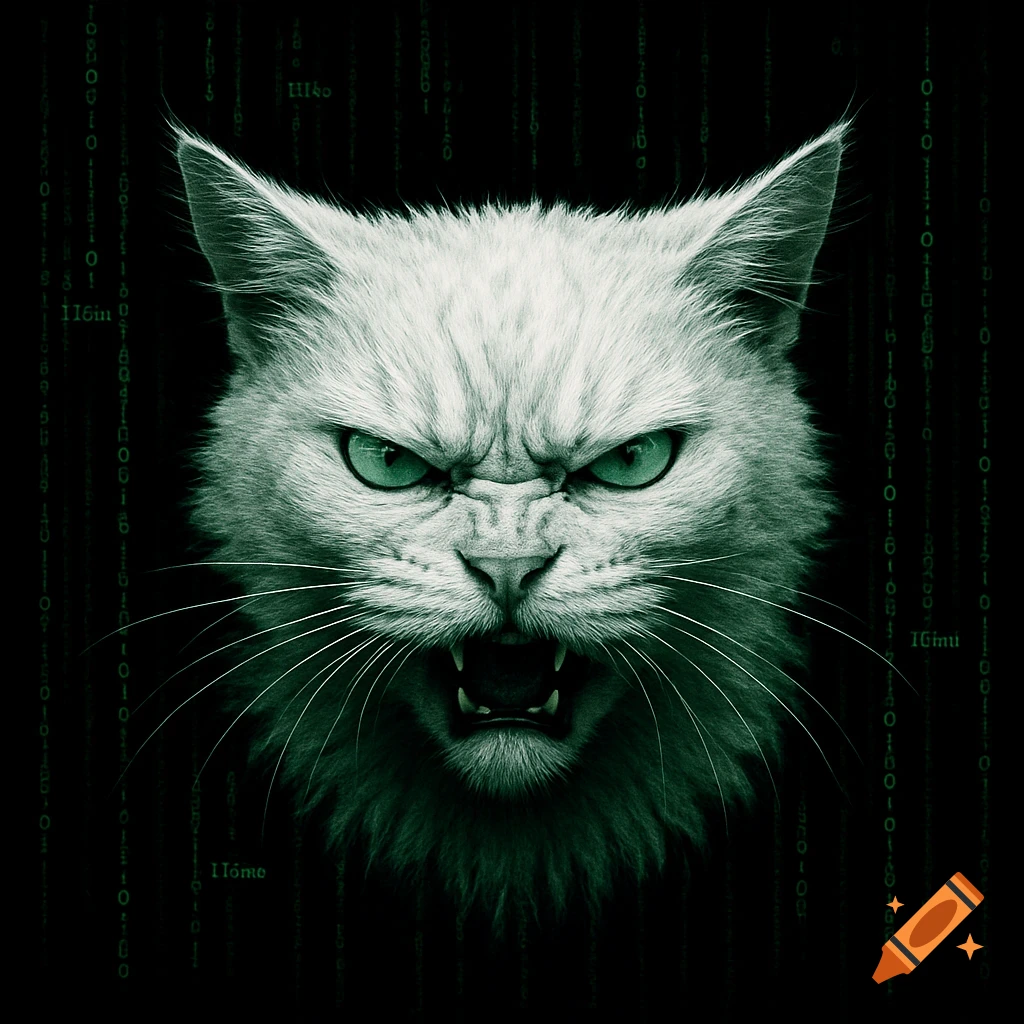 An angry white cat with piercing green eyes, snarling, set against a dark background with green matrix-style code cascading downwards.