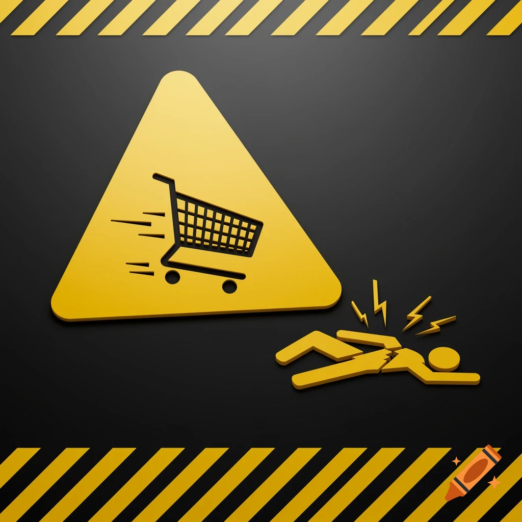 A yellow warning sign with a fast-moving shopping cart icon and a broken person icon, against a dark grey background with hazard stripes.