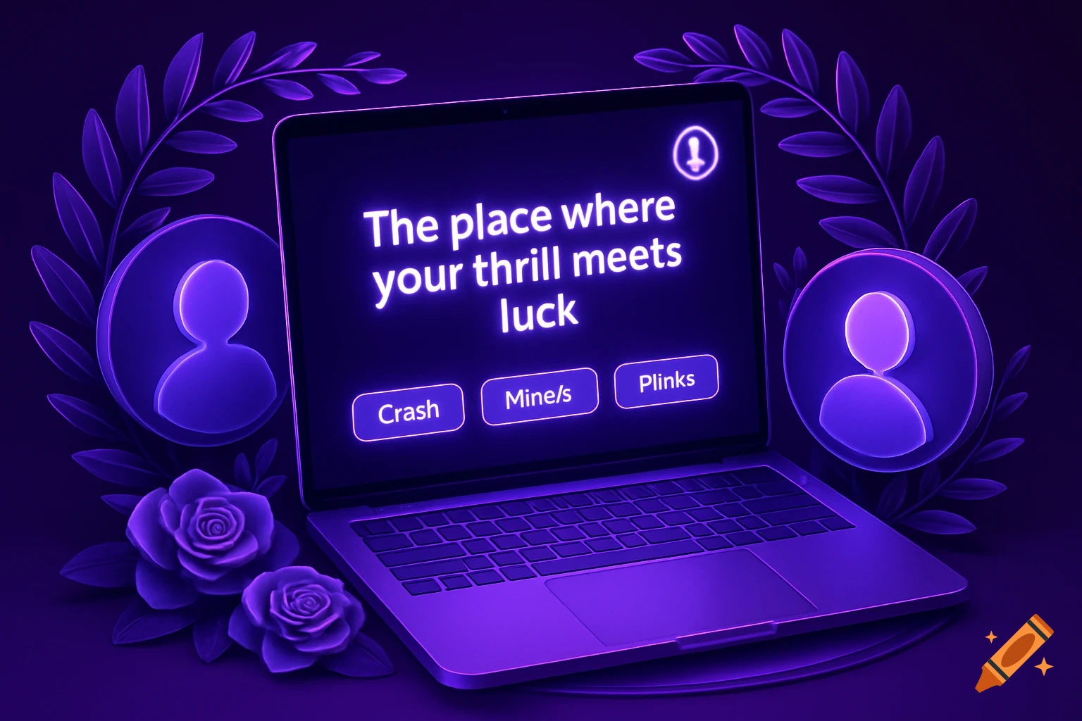 A futuristic purple neon digital illustration featuring a sleek laptop displaying a gambling-related slogan and buttons, surrounded by glowing user icons and flora.