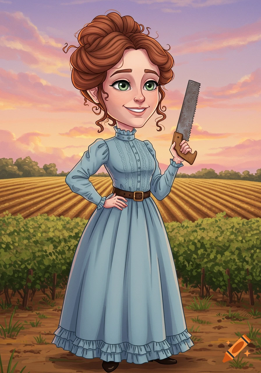 A caricature of a woman in a blue 1880s dress holding a saw, standing in front of farm fields at sunset.