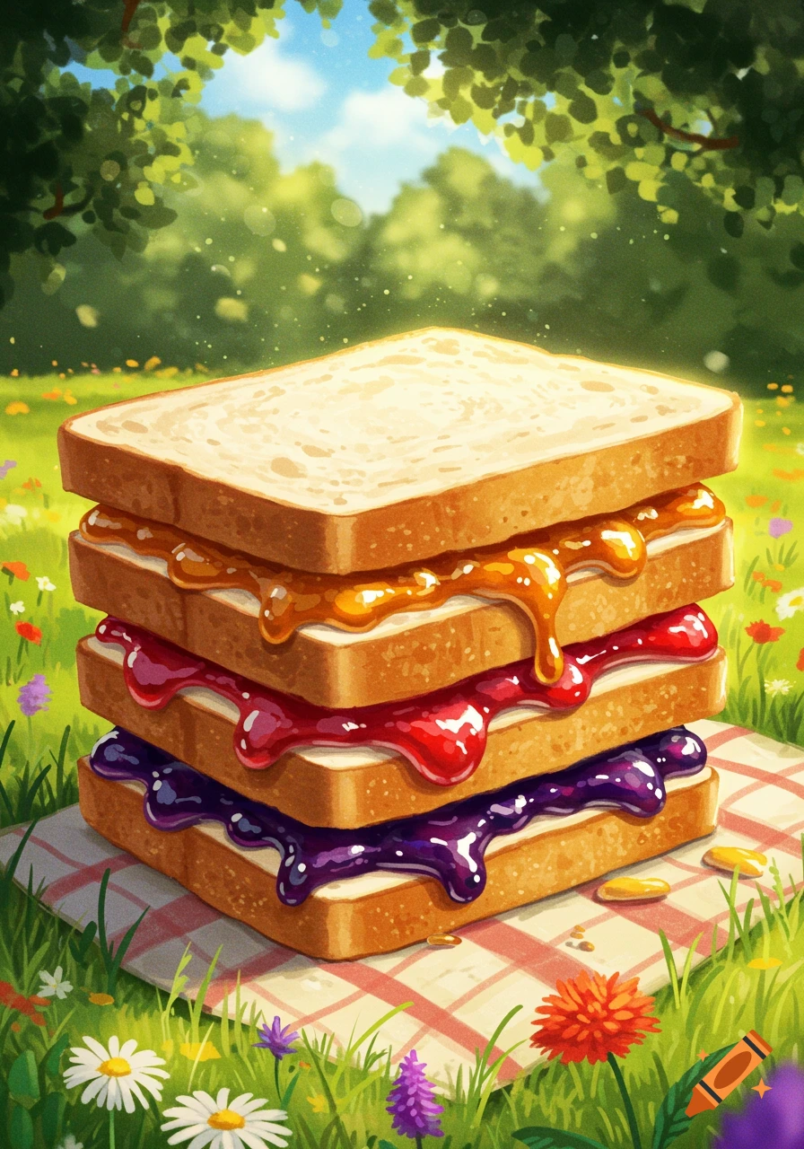 A stacked peanut butter and jelly sandwich with three layers of different jams and peanut butter, on a picnic blanket in a sunny park.