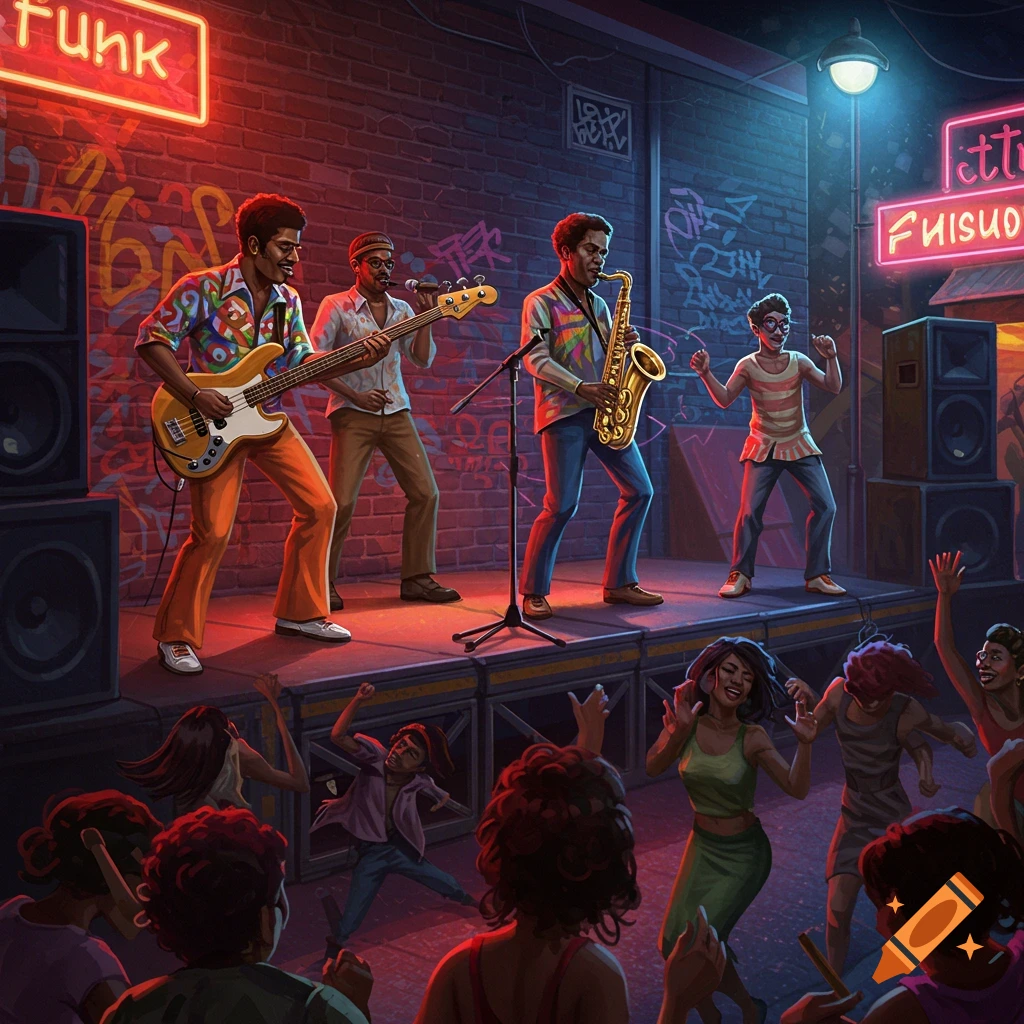 A band plays funk music on a street stage at night, lit by neon signs, as a crowd of people dance in front.